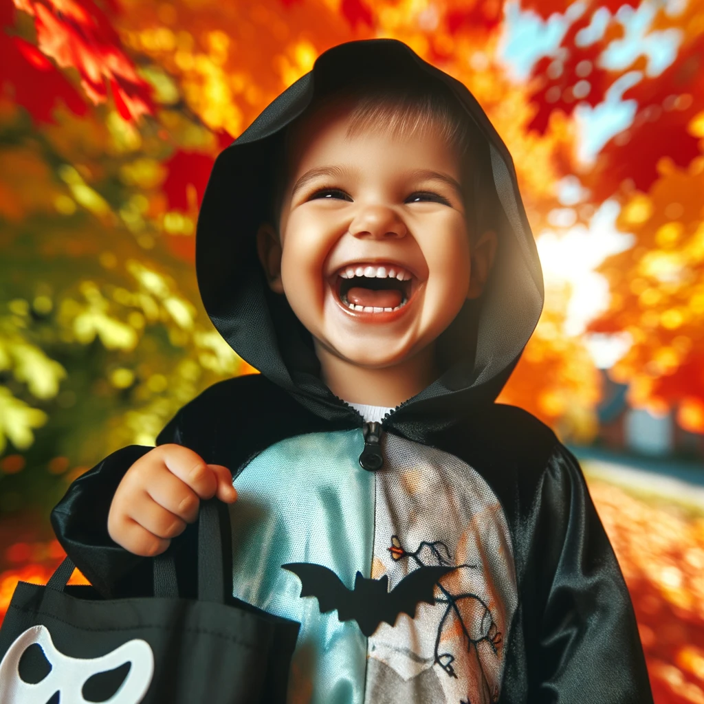 un enfant joyeux portant un costume dHalloween dont les rires emplissent lair Ils sont placés sur un fond pittoresque de feuilles dautomne vibrantes créant un beau contraste