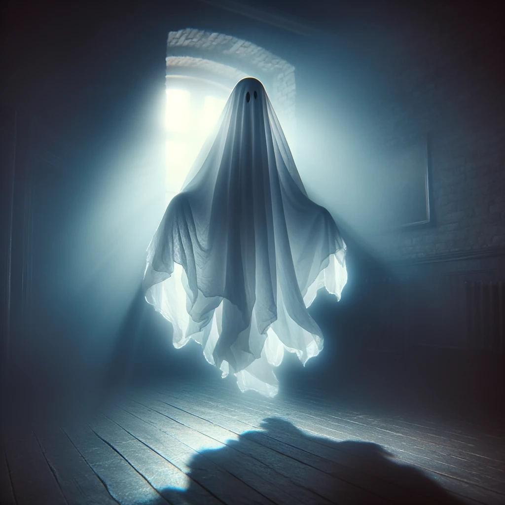Costumes d'haloween, un fantôme éthéré flottant dans une pièce sombre, enveloppé dans un drap blanc et éclairé par une lueur fantomatique.