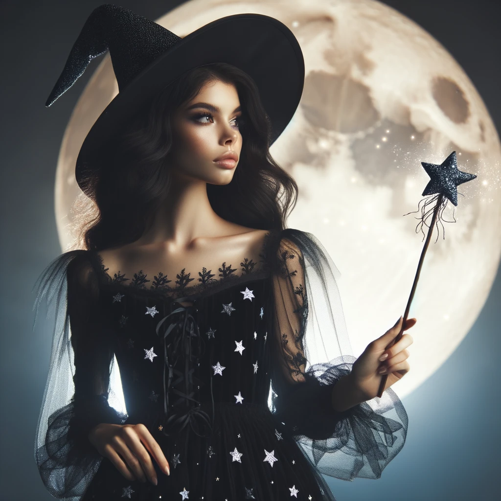 Costume d'haloween, une sorcière mystique se tenant devant une lueur de lune, portant une robe noire ornée d'étoiles, un chapeau pointu et tenant une baguette magique.