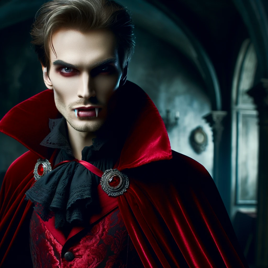 Costume d'haloween, un vampire sanguinaire avec une cape en velours rouge, des canines pointues, un teint pâle et des yeux perçants, se tenant dans un manoir lugubre.