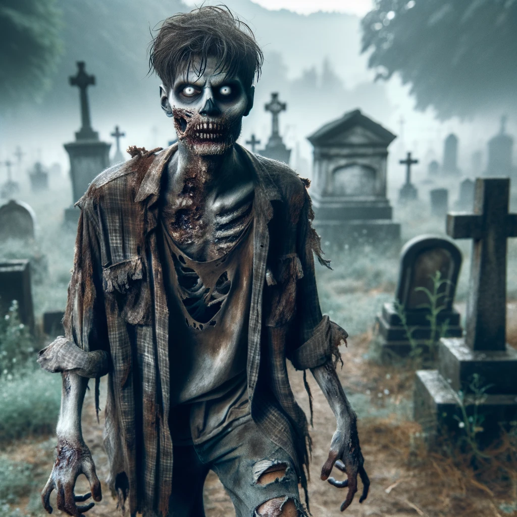 Costumes d'haloween, un zombie effrayant avec des vêtements déchirés, un maquillage, des yeux blancs et des membres décomposés, marchant dans un cimetière abandonné.