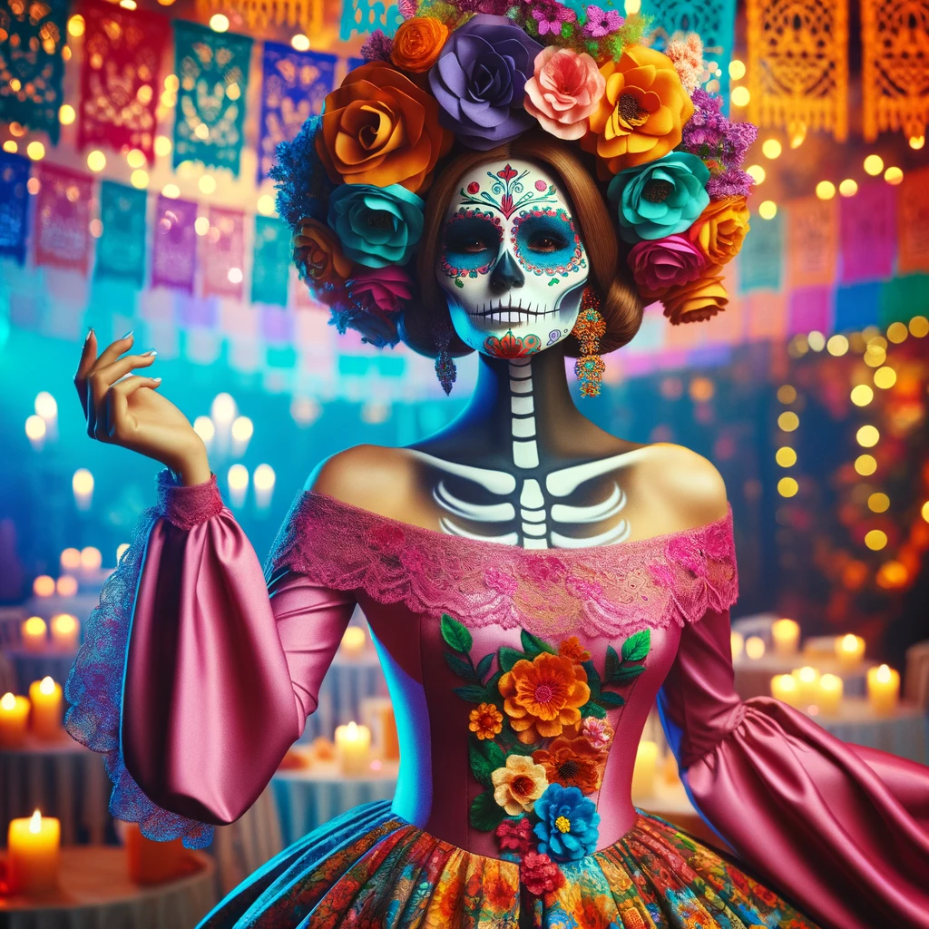Costumes d'haloween, une élégante figure mexicaine de la fête des Morts, avec une robe colorée, un maquillage de calavera détaillé et un chapeau orné de fleurs.