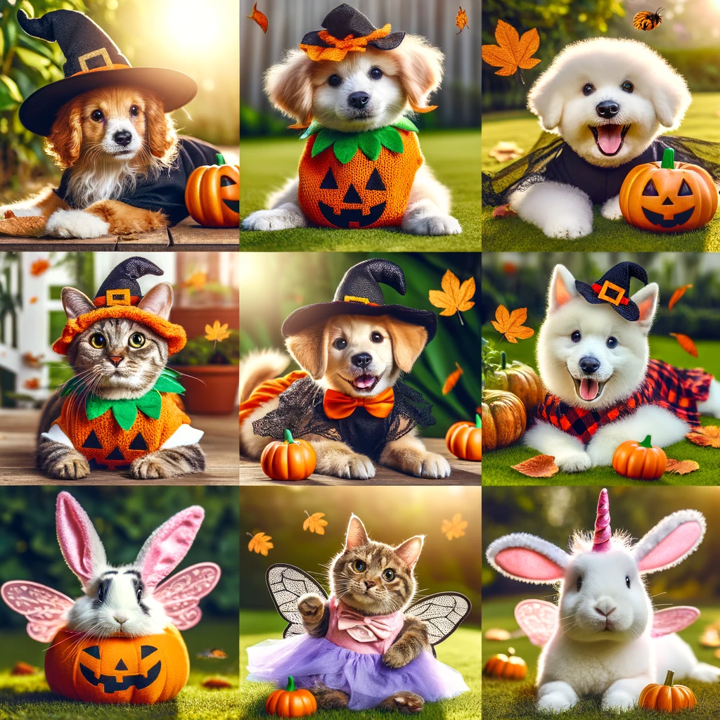 Costume d'haloween, adorable d'animaux de compagnie, tels que des chiens, des chats et des lapins, déguisés en costumes mignons tels que des citrouilles, des sorcières et des licornes, jouant dans un jardin ensoleillé.