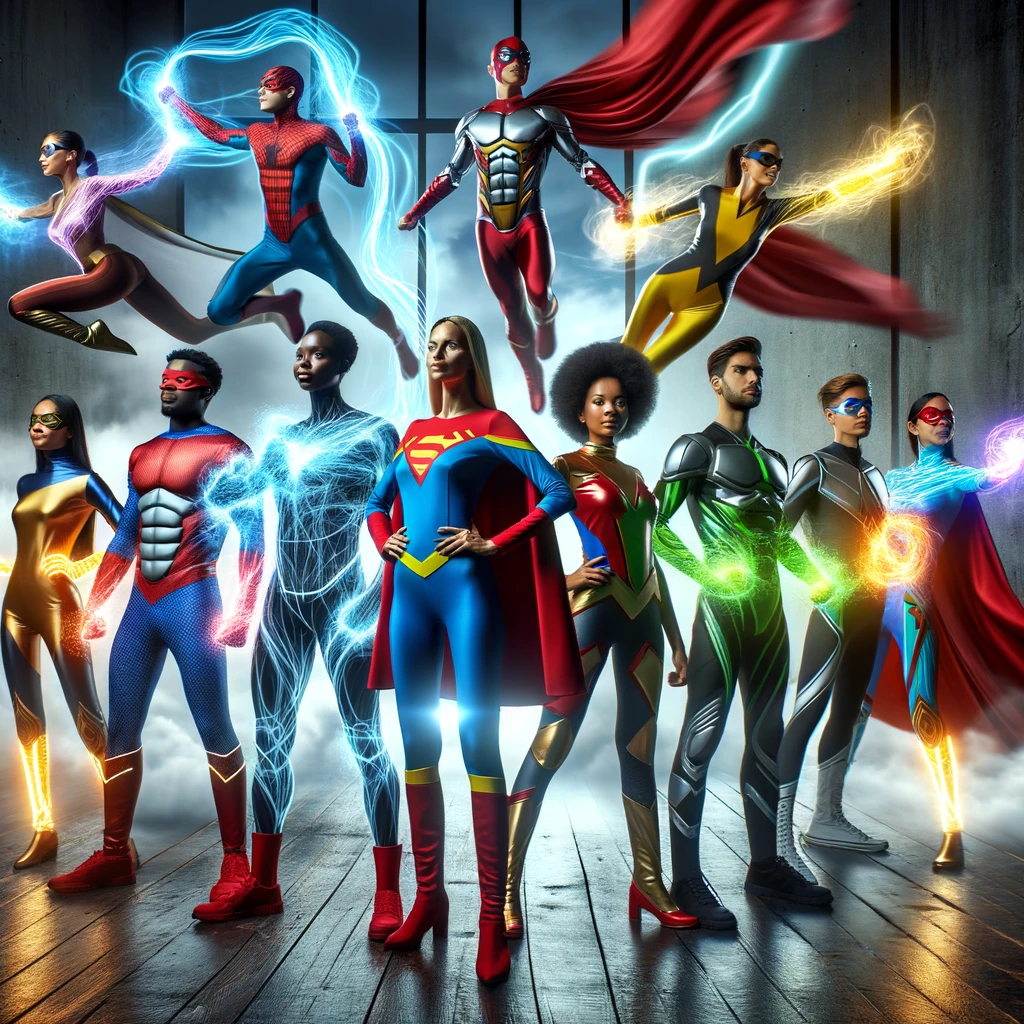 Costumes d'haloween, une équipe de super-héros et de super-héroïnes emblématiques, avec des costumes vibrants, des poses héroïques et des superpouvoirs en action.